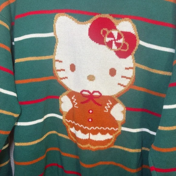 HELLO KITTY Gingerbread Sweater Girls XL Striped Christmas Holiday Green Gold - Picture 3 of 4